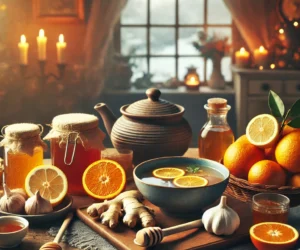 DALL·E 2024-10-16 13.47.31 – A warm and inviting kitchen scene with a table full of winter foods that boost immunity for elderly people. The table includes bowls of chicken soup,